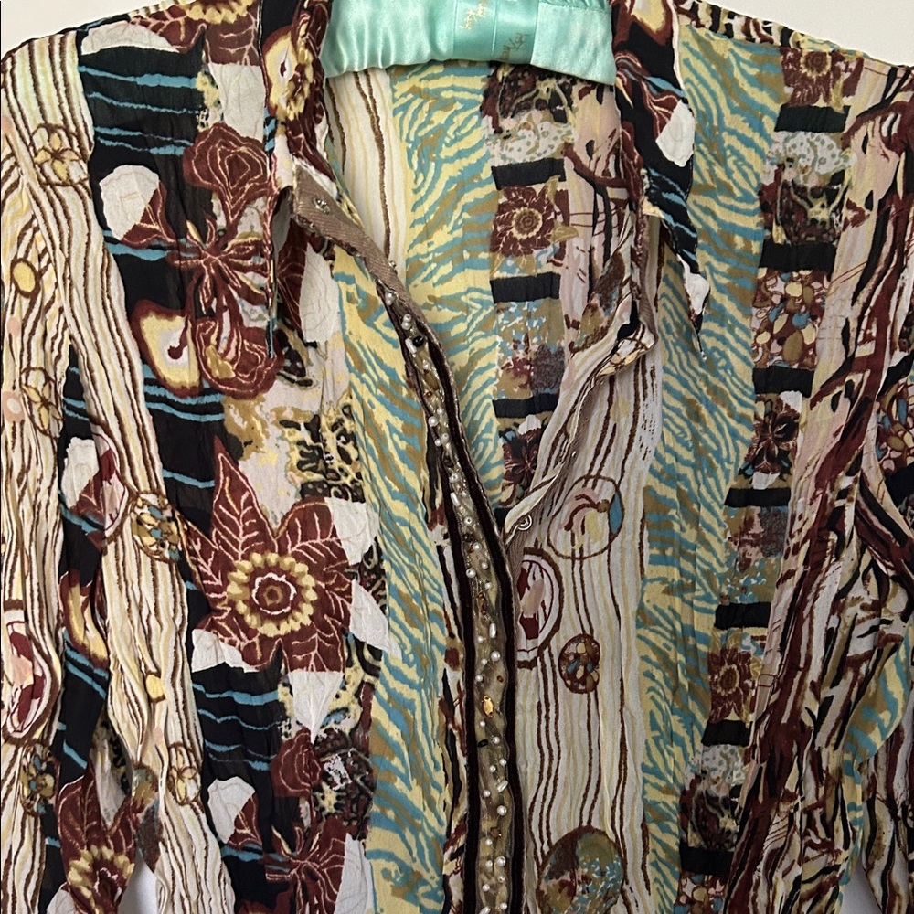 Mixed Floral & Stripe Button-Front Top in Teal, Brown & Cream Size PL